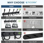 TICONN Wall Mounted Coat Rack, Five Heavy Duty Tri Hooks All Metal Construction for Jacket Coat Hat in Mudroom Entryway (Matte Black, 1-Pack)