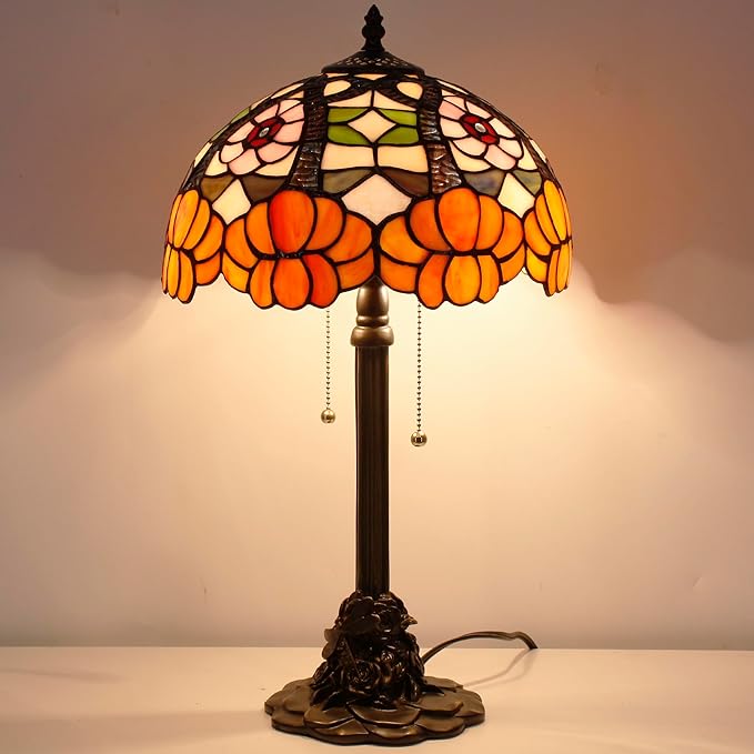 Tiffany Stained Glass Table Lamp 12X12X21Inch Resin Base Desk Bedroom Living Room Reading Light (Orange Flower)