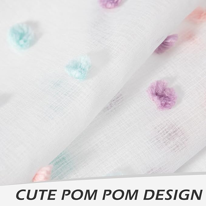 MYSKY HOME Rainbow Curtains for Girls' Bedroom - 45 Inch Pom Pom Sheer Curtains, Light Filtering, Nursery & Kids Room, Rod Pocket, Cafe Style, Small Window Panels, 52 x 54 in, Set of 2