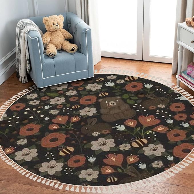 Round Rugs Bear Forest Bunny Rabbit Furry Animal Watercolor Flower Scandinavian Boho Area Rug Linen and Cotton Carpet Meditation Washable Hallway Runner Mat Accent for Bedroom Bathroom 3ft