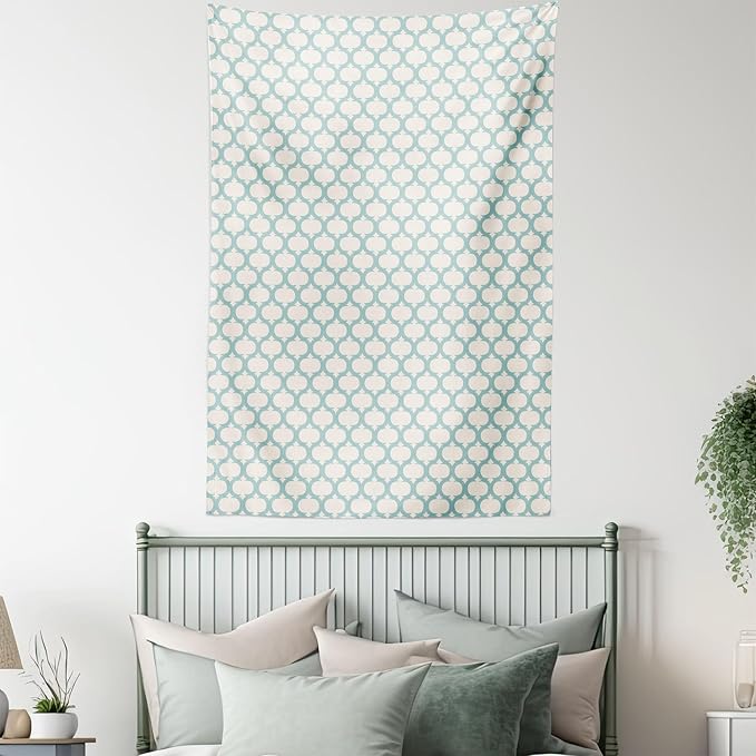 Ambesonne Ikat Tapestry, Mesh Patterns and Lines on Vintage Backdrop Retro Ikat Style Boho Print, Wall Hanging for Bedroom Living Room Dorm Decor, 40" X 60", Turquoise Cream