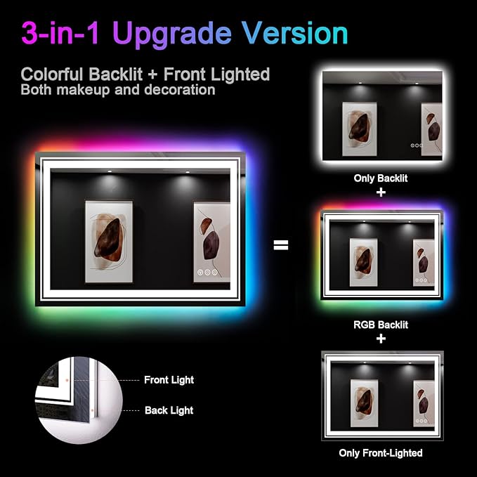 LED Mirror for Bathroom, 48"X36" with 8 RGB Backlit +3 Front Lit (Adjustable Individually), Anti-Fog, Large Lighted Bathroom Vanity Mirror for Wall,Shatterproof,Memory Function,Tempered Glass