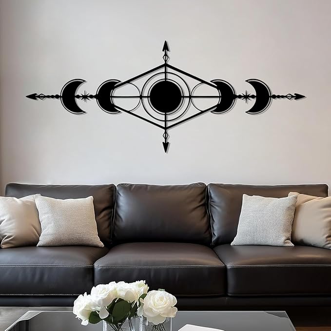 Hfrolixit Moon Phase Metal Wall Decor, Boho Moon Metal Wall Art, Celestial Wall Decor, Scandinavian Natural Wall Art, Astrology Wall Hanging (White, 24"x9"/60x24cm)