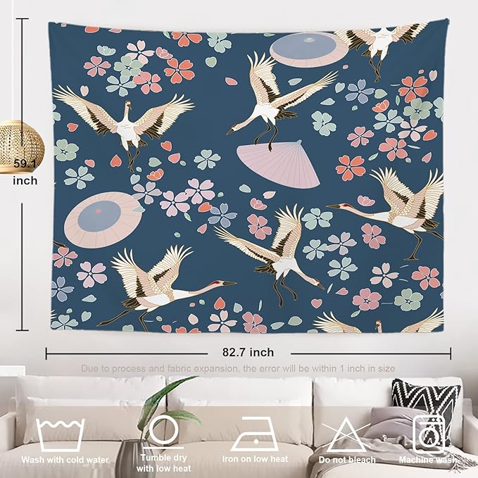 Batmerry Navy Blue Japanese Cherry Tapestry, Oriental Wall Art Hanging Decoration Polyester Fiber White Ruffled Around for Dorm Room Bedroom Living Room, 59.1x82.7 inches