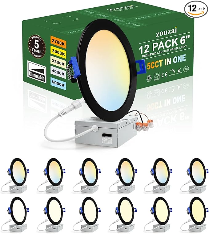 zouzai 12 Pack 6 Inch Black 5CCT Reset LED Recessed Ceiling Light with Junction Box, 2700K/3000K/3500K/4000K/5000K Selectable, 12W Eqv 110W,Dimmable, led can Lights- ETL and Energy Star Certified