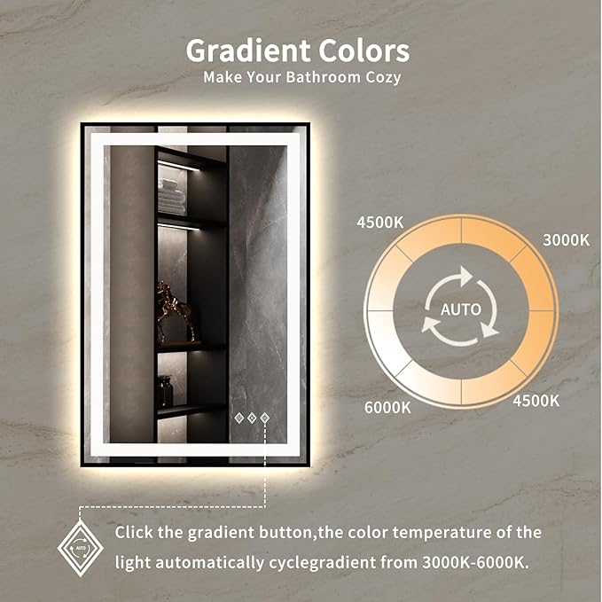 LED Mirror for Bathroom, 24x36 Inch Black Framed Gradient Front and Backlit LED Bathroom Mirror, 3 Colors Dimmable CRI>90, IP54 Enhanced Anti-Fog Bathroom Mirror with Lights