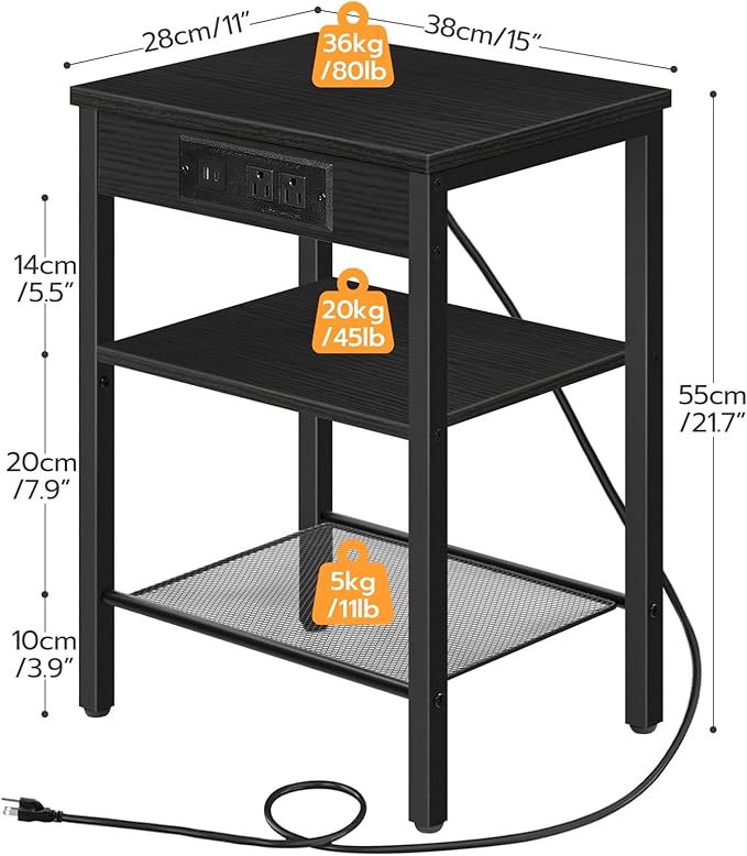 HOOBRO End Table Set of 2 with Charging Station and USB Port, 3-Tier Nightstands with Adjustable Shelf, Small Side Tables for Small Space in Living Room, Bedroom and Balcony, Black BB112BZP201
