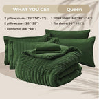 HYMOKEGE Dark Green Queen Comforter Set Seersucker 7 Pieces, All Season Luxury Bed in a Bag for Bedroom, Bedding Set with Comforters, Sheets, Pillowcases & Shams