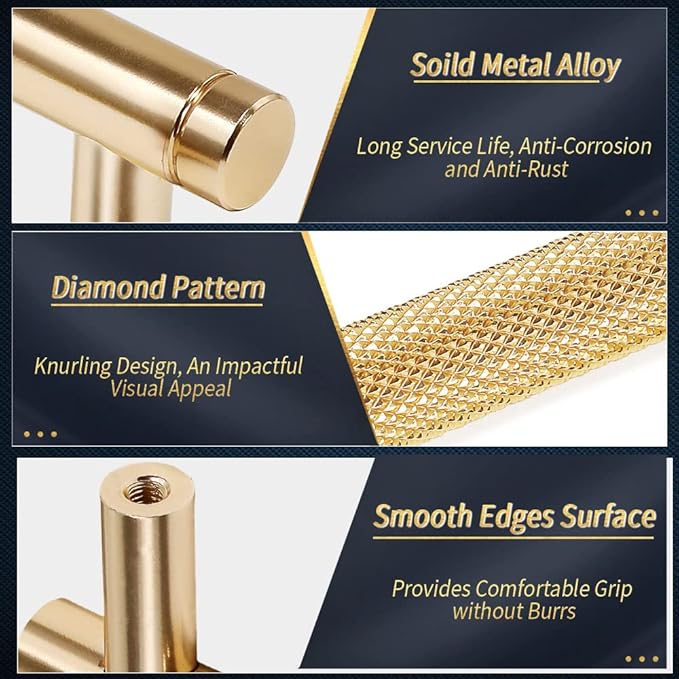 Knurled Cabinet Pulls 2 Pack, 3.5 Inch Long Cabinet Handles Metal Door Pulls, Kitchen Drawer Pull Knurled Dresser Handles - 2 1/2" Hole to Hole, Golden