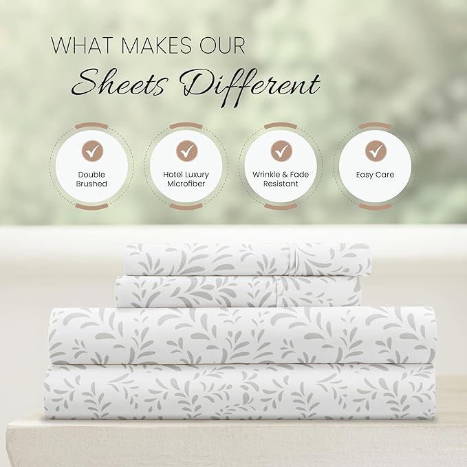 Linen Market Double-Brushed Patterned Microfiber California King Sheet Set 4 Piece – Oeko-TEX Certified Ultra Soft & Wrinkle-Free - 16" Deep Pocket Sheets Easy Care Cal-King Size - Vines Light Gray