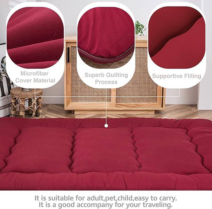 MAXYOYO Japanese Floor Futon Mattress - Thicken Sleeping Pad, Foldable Roll Up Mattress Topper, Guest Floor Bed, Burgundy, Queen
