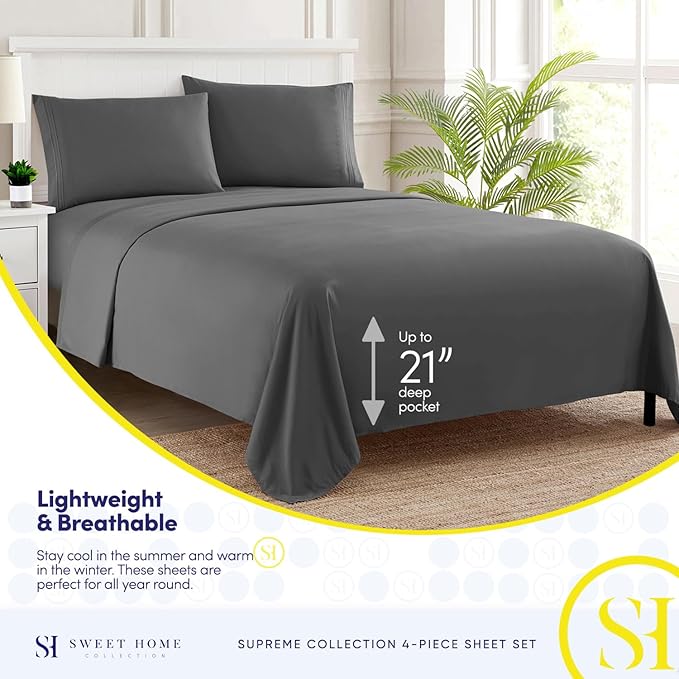 King Size Sheets - Breathable Luxury Bed Sheets with Full Elastic & Secure Corner Straps Built In - 1800 Supreme Collection Extra Soft Deep Pocket Bedding, Sheet Set, EXTRA DEEP pocket - King, Gray