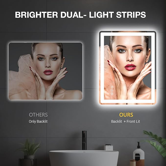 LED Bathroom Mirror 40"x 24" with Front and Backlight, Anti-Fog Dimmable, Lighted Bathroom Mirror with Lights, Shatter-Proof, Tempered Glass, Decor Vanity Mirror for Wall(Horizontal/Vertical)