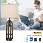 Seealle Table Lamp for Living Room Set of 2 - Copper Bedside Lamp for Bedroom with USB C+A & Outlet, Farmhouse Lamps for Night Stands, 3-Way Dimmable Touch Lamps for Living Room