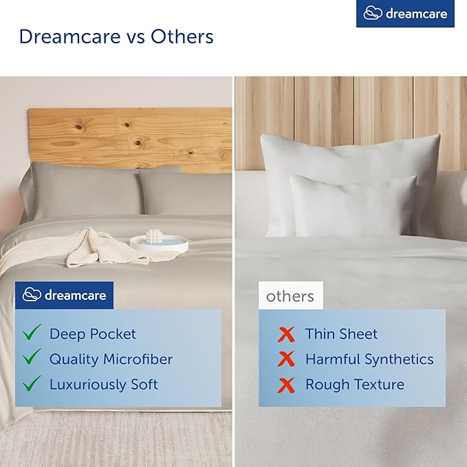 DREAMCARE Queen Sheet Set – 4 pcs Cooling Sheets – up to 21” Extra Deep Pocket Queen Sheets – Hotel Luxury Sheets & Pillowcases – Superior Softness 100% Microfiber with Side Pocket - Beige