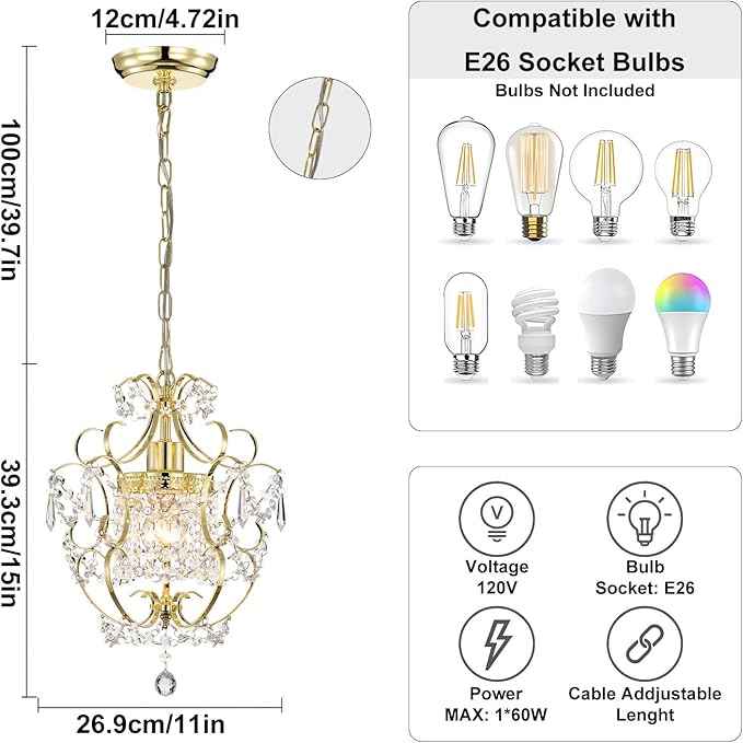 Small Crystal Chandelier for Bedroom, 90% Pre-Assembled 1 Light Gold Chandelier, Mini Acrylic Crystal Ceiling Light Fixture Charming for Girls Room, Closet, Bathroom, Entryway, Dining Room