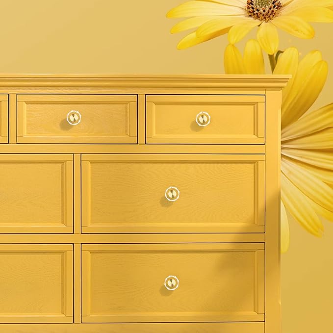 QOGRISUN 15-Pack Brass Crystal Cabinet Knobs, Glass Crystal Gold Drawer Knobs, 1-1/4-Inch Polygon, Decorative Dresser Pulls, Modern Cabinet Hardware