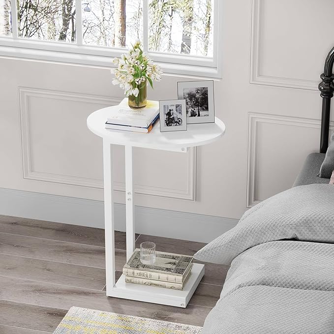Hosfais Small Side Table End Table, C Shaped Oval Coffee Table, Wooden TV Tray for Living Room, Bedroom, Couch, Small Spaces (White)