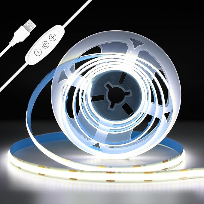 iNextStation USB COB LED Strip Light, 6.6ft 2M 5V 640LEDs 6000K Cold White USB LED Strips Dimmable CRI 93+ Flexible LED Tape Lights for TV Backlight, Under Cabinet, Mirror, Wardrobe, Home Decor