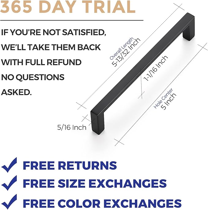 Ravinte 15 Pack Matte Black Cabinet Pulls, 5 Inch (128mm) Hole Center Slim Kitchen Handles, Square Drawer Pulls for Cabinets & Cupboards, Hardware