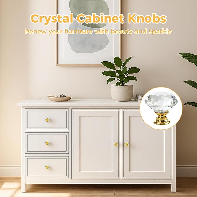 DEELF 26 Packs Kitchen Cabinet Knobs, 30 mm Crystal Cabinet Knobs Diamond Dresser Handle Drawer Pulls, Dresser Knobs for Cabinets and Drawers, Gold Base