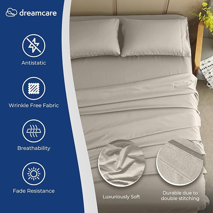 DREAMCARE Full Size Sheets - Cooling Bed Sheets - 4pcs Set - up to 15" Deep Pocket Full Sheet Set - Sheets Full Size Bed - Soft & Long Lasting 100% Fine Brushed Polyester with Side Pocket - Ivory