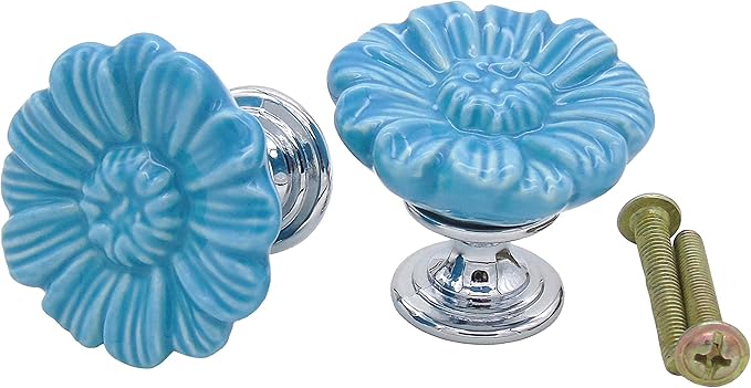 6PCS Vintage Floral Daisy Ceramic Dresser Drawer Knobs Elegant Cabinet Cupboard Door Hardware Pull Handles w/Screws Aqua Blue