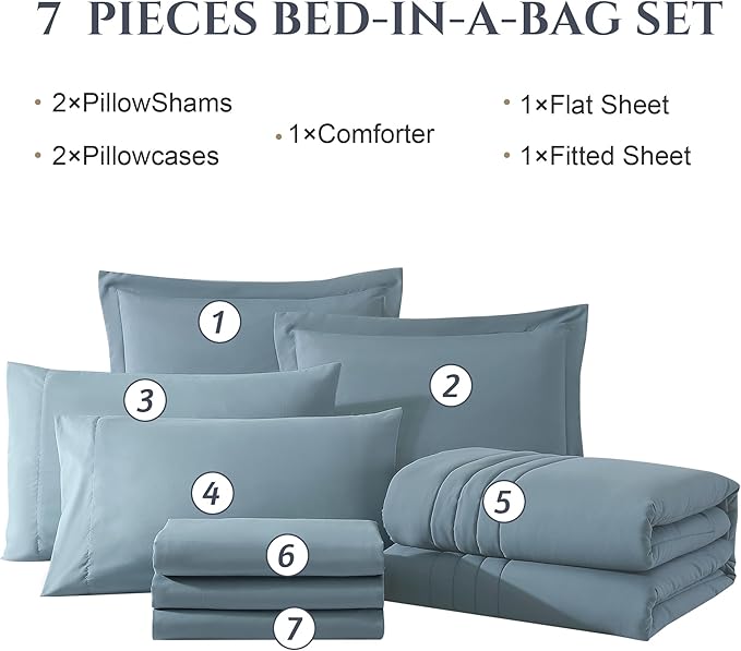 Monbix Queen Comforter Set - 7 Pieces Dusty Blue Bed in a Bag Queen Bedding Sets with Comforters, All Seasons Down Alternative Comforter Bed Set with Sheets, Pillowcases & Shams