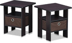 Furinno Andrey Set of 2 End Table / Side Table / Night Stand / Bedside Table with Bin Drawer, Dark Walnut
