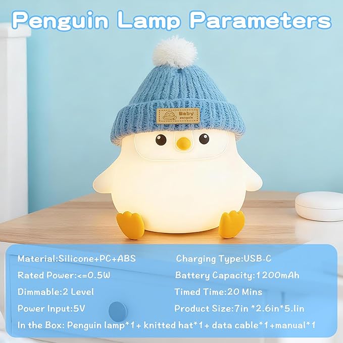 Penguin Lamp with Knit Hat,Kawaii Penguin Night Light,Food Grade Silicone,Dimmable Nursery Nightlight,LED Squishy Novelty Animal Lamp,Kids Room Decor,Funny Gifts for Kids Boys Girls Baby