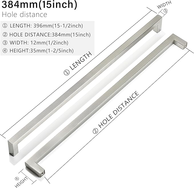 Cabinet Pulls Brushed Nickel Cabinet Handles Square Drawer Pulls, 30 Pack 15 Inch Stainless Steel Kitchen Door Cupboard Cabinet Handles, Cabinet Hardware Drawer Handles, 384mm Hole Centers