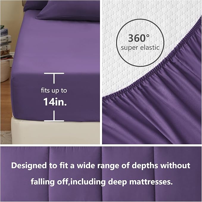 CozyLux King Size Comforter Set Purple, 7 Pieces Bed in a Bag, Purple Comforter King Size, All Season Bedding Sets with Stitch Quilted Comforter, Flat Sheet, Fitted Sheet, Pillowcases