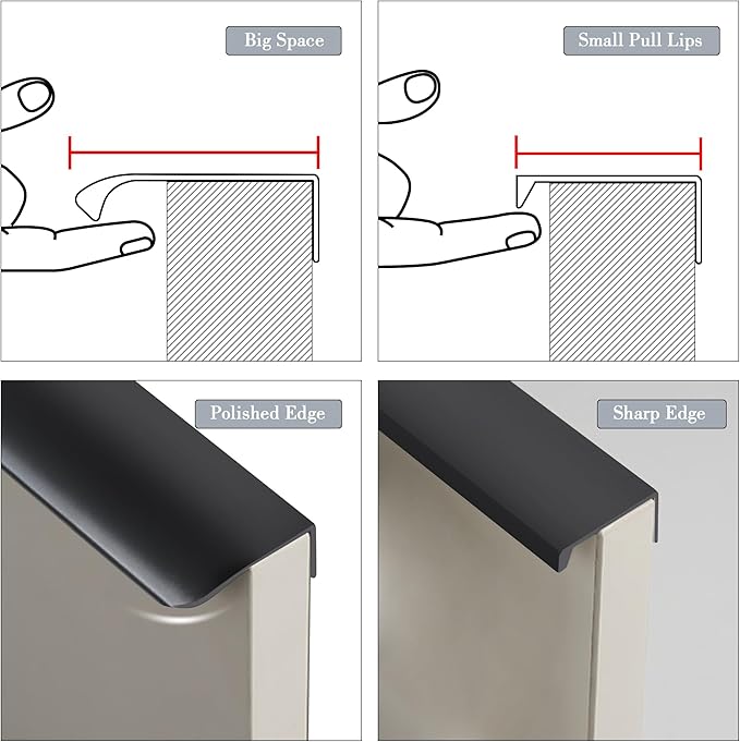 JOOJA 5 Pack Modern Style Finger Edge Pull Furniture Drawer Handles Hidden Cabinet Kitchen Drawer Handles Knobs, Black 120(96) mm
