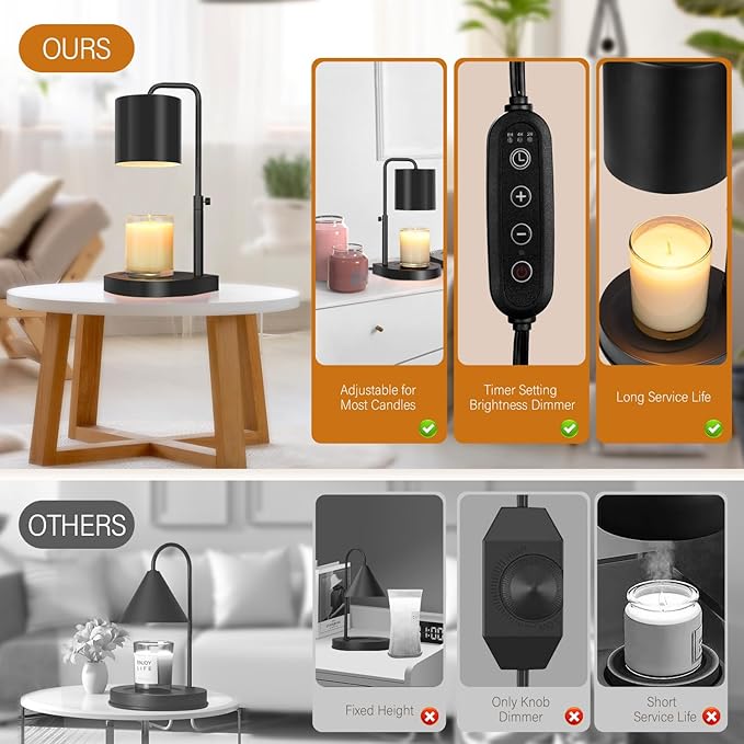Candle Warmer Lamp Adjustable Height Dimmable with Timer Large Jar Candles Compatible - No Flame Scented Wax Warmer with 2 Bulbs - Mothers Day Gift - Black