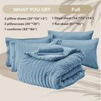 HYMOKEGE Mineral Blue Full Size Comforter Sets Seersucker 7 Pieces, All Season Luxury Bed in a Bag for Bedroom, Bedding Set with Comforter, Sheets, Pillowcases & Shams