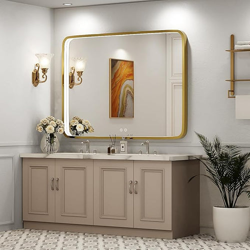40x30 Inch LED Bathroom Mirror with Lights,Gold Metal Frame Lighted Vanity Mirror, Anti Fog Design&Dimmable&Touch Switch, Wall Mounted Rectangle Mirror (Horizontal&Vertical)