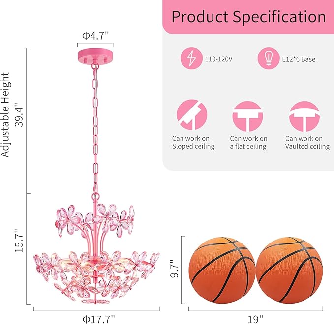 WUZUPS Crystal Chandelier Pendant Flushmount Ceiling Light Modern Lighting Fixture for Bedroom Hallway Bar Kitchen Bathroom, H 15.7" x W 17.7", Pink, E12 Base