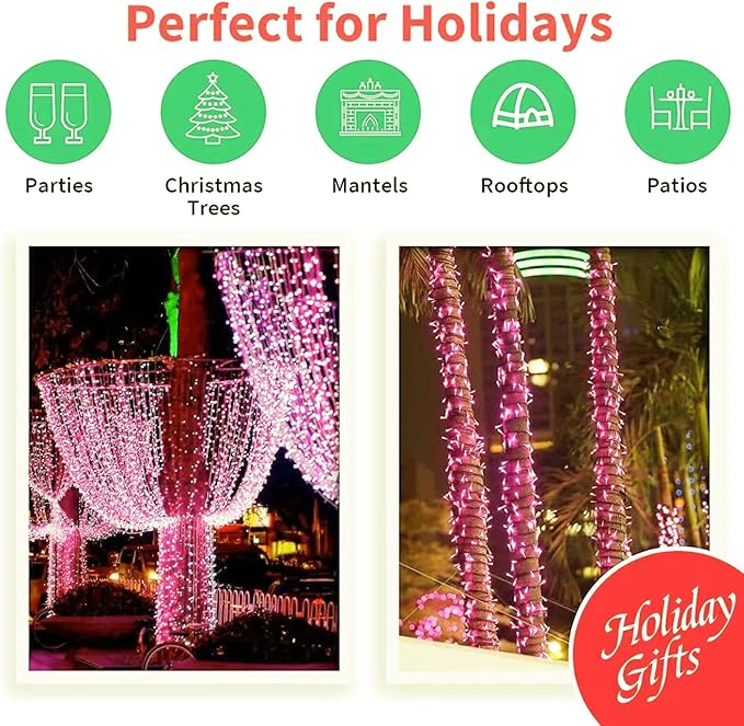 LAMPHOME Super-Bright Extendable Pink Christmas Lights Decoration 100Lights 19.6ft UL Certified Mini Bulb String Lights Set for Outdoor Christmas Tree Garden Holiday Party Patio Wedding Garland Decor