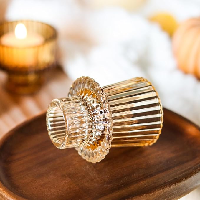 Gold Candlestick Holders 6PCS for Tealight Candle Stick Candles, Ribbed Glass Taper Candle Holders Set Table Centerpieces for Thanksgiving Christmas Farmhouse Decor Indoor and Outdoor