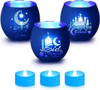 VIHOSE 3 Set Ramadan Decorations Eid Mubarak Votive Candle Holders Ramadan Glass Tea Light LED Battery Operated Candles Flameless Lights for Home Mubarak Party Islamic Muslim Table Centerpieces Decor