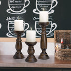 Rustic Wooden Pillar Candle Holders Set of 3, 12'' 9'' 6'' Farmhouse Wood Candle Stand for Table Centerpieces, Vintage Tall Candleholders Fireplace Mantel Decor for Living Room, Dark Brown