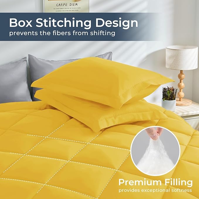 HEVUMYI Twin Comforter Set - 5-Piece All Season Bed in a Bag Twin, Ultra Soft Bedding Set with Comforter, Flat Sheet, Fitted Sheet, Pillowcases, Pillow Shams, Yellow & Light Grey
