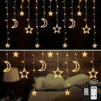 Christmas LED Curtain String Lights - 18FT 12 Drops 138 LED Star Moon Hanging Lights with Remote, 8 Modes, 6H Timer, Waterproof Connectable Window Lights for Indoor Outdoor Holiday Decorations