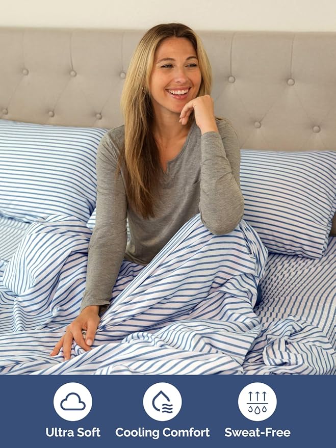 Extra Deep Twin XL Sheet Set - 4 Piece Breathable and Cooling Sheets - Hotel Luxury Bed Sheets Set - Easy Fit - Soft, Wrinkle Free and Comfy Sheets Set - Blue Striped Sheet Set with Extra Deep Pockets
