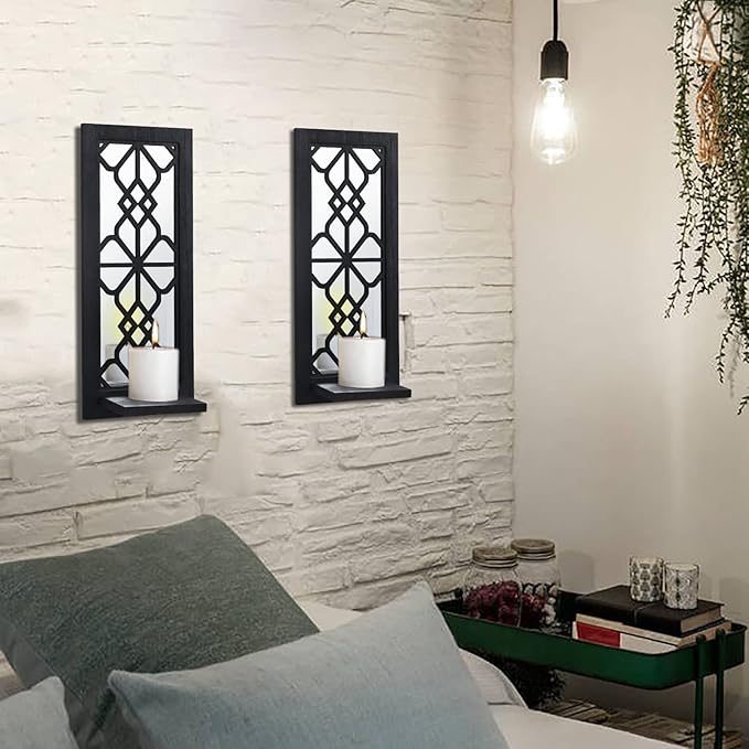 Wood Wall Sconce Candle Holder Set 2, Rustic, Wall-Mount, Farmhouse Hanging Wall Décor, Carved Wood Frame, Mirrored Candle Holder (Black)