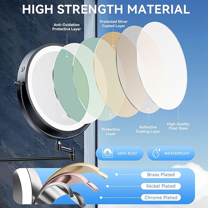 10'' 30X/1X Wall Mounted Lighted Makeup Mirror, 5000mAh Rechargeable Double-Sided Magnifying Mirror with Light, LED Vanity Mirror Touch Dimmable 3 Colors 360° Rotation Extended Foldable Arm, Black