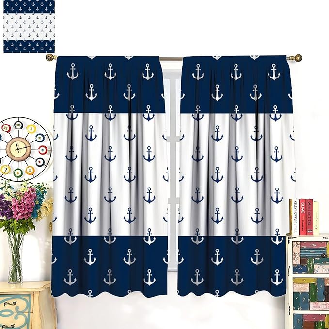 Anchor Pattern Curtains, Nautical Theme Navy Blue White Anchor Sea Life Adventure Print Blackout Window Treatments for Living Room Boys Men's Bedroom 52x84in