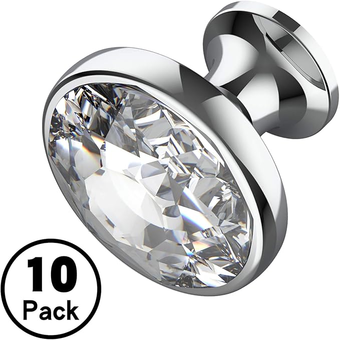 Alzassbg 10 Pack Clear Crystal with Nickel Plated Base Cabinet Knobs, 1-3/8 Inch (35mm) Diameter Cabinet Hardware Round Crystal Knobs for Drawers AL1011