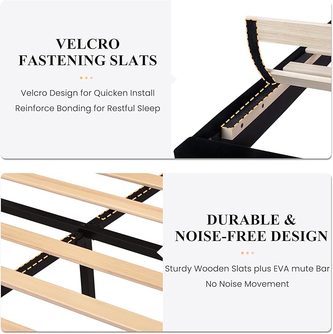 SHA CERLIN King Platform Bed Frame with Velvet Upholstered Headboard, Mattress Foundation with Strong Wooden Slats Support, No Box Spring Needed, Black
