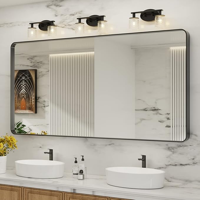 LOAAO 72X36 Inch Black Metal Framed Bathroom Mirror for Wall, Matte Black Bathroom Vanity Mirror Farmhouse, Large Rounded Rectangle Mirror, Anti-Rust, Shatter-Proof, Hangs Horizontally or Vertically